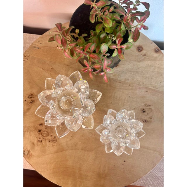 Transparent Swarovski Crystal Water Lily Lotus Flower Candle Holders (Set of 2, One Large, One Small) For Sale - Image 8 of 11