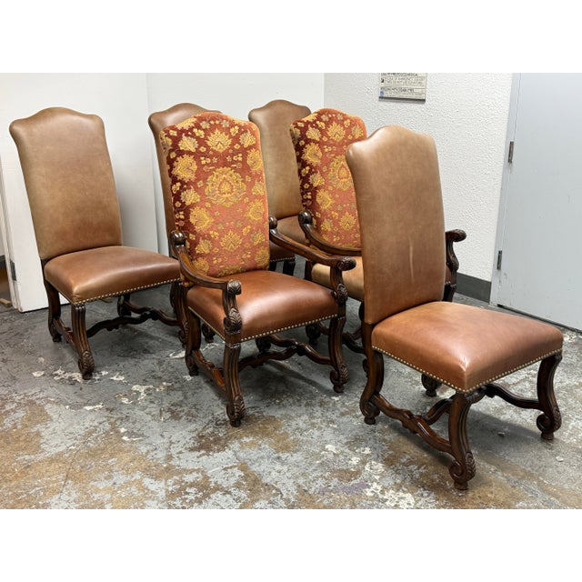 Traditional Castlegate Dover Camel Leather + Upholstered Chairs, Set of Six For Sale - Image 3 of 12