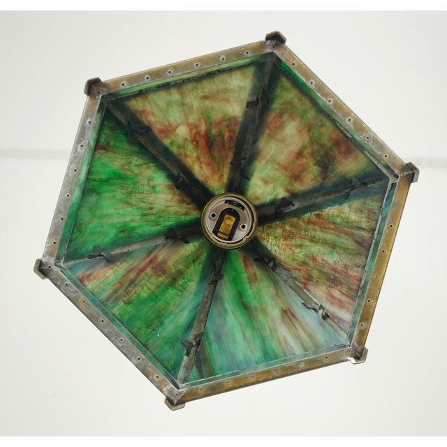 Mid 20th Century Mid 20th Century Arts & Crafts Green Slag Glass Hexagonal Pendant Light For Sale - Image 5 of 7