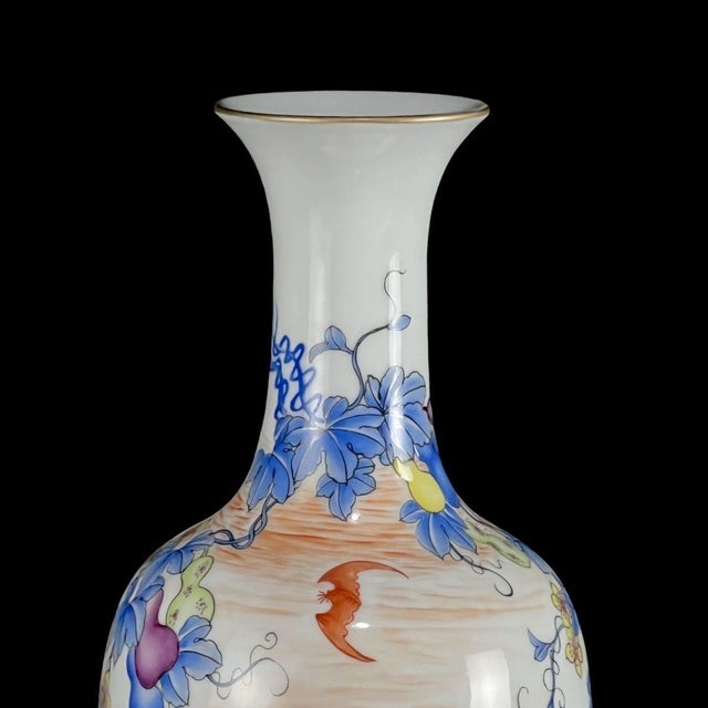 Late 20th Century Pair of Vintage Famille Rose Porcelain Vases With Gourd and Bat Motif For Sale - Image 5 of 7