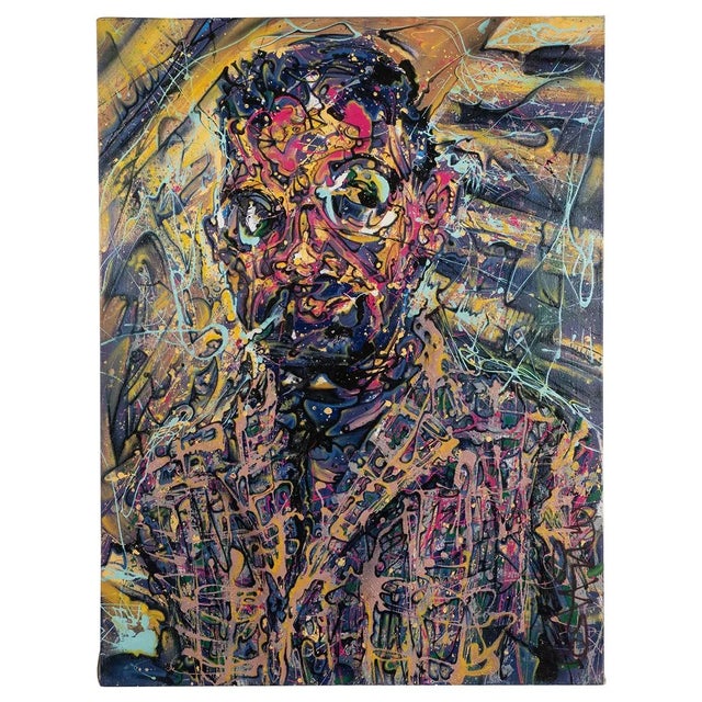 Yellow "Portrait of a Smoking Man" Contemporary Modernist Abstract Figurative Oil Painting by Costain For Sale - Image 8 of 8