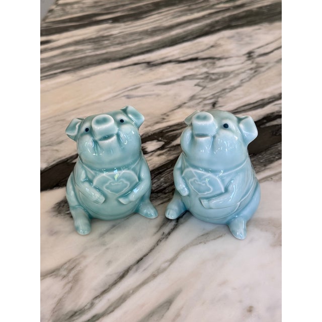 Mid-Century Celadon Ceramic Glazed Pig Figures - A Pair For Sale - Image 10 of 12