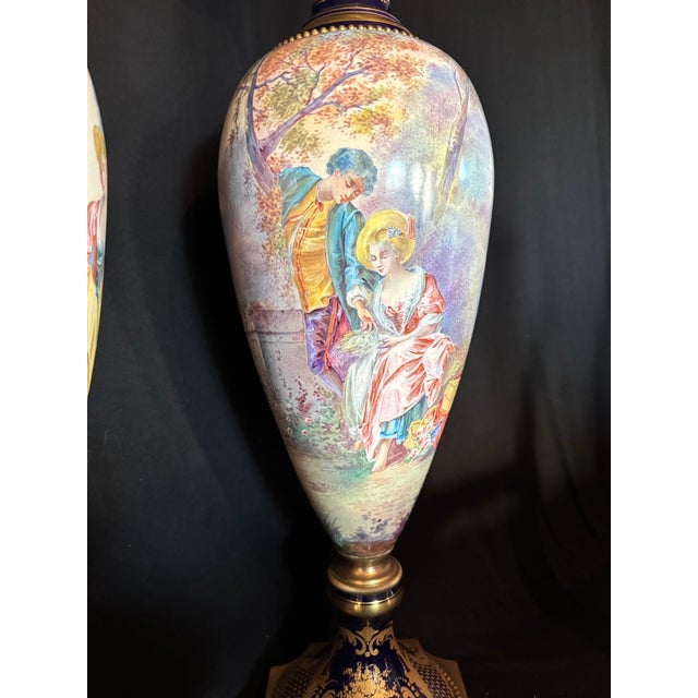 French 19th C Sevres Louis XVI Blue Gilt Bronze Porcelain Vases – Pair For Sale - Image 3 of 18
