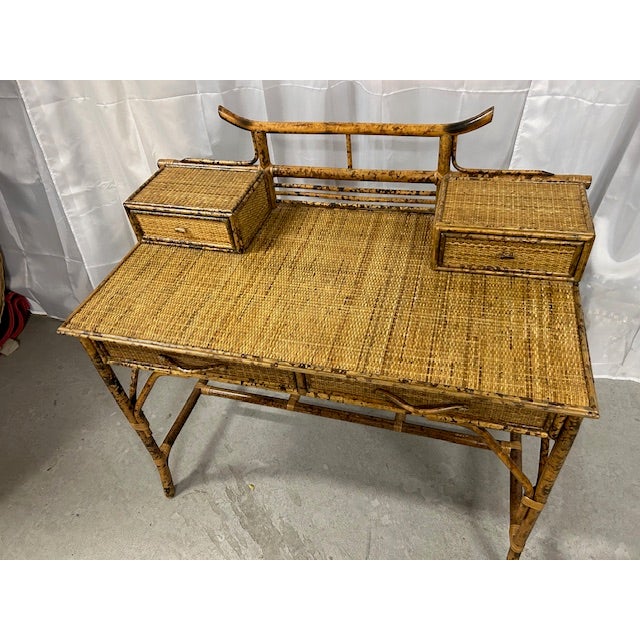 Wood Vintage Burnt Bamboo Rattan Pagoda Desk With Chair For Sale - Image 7 of 14
