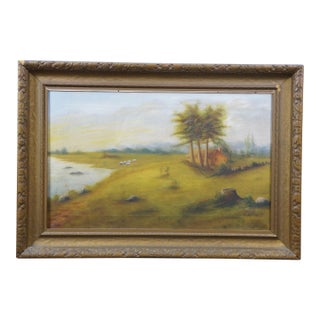 1916 Antique William Fitzmaurice Farm Sheep Pastoral Landscape Oil Painting For Sale