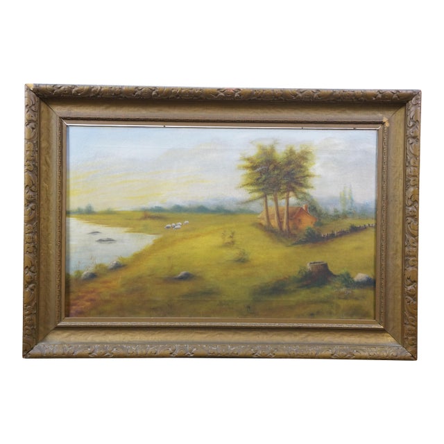 1916 Antique William Fitzmaurice Farm Sheep Pastoral Landscape Oil Painting For Sale