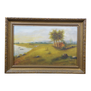 1916 Antique William Fitzmaurice Farm Sheep Pastoral Landscape Oil Painting