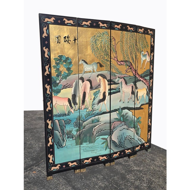 Chinese Signed Ten Horses Vintage Chinese Four Panel Screen Gold & Turquoise Shi Jun Tu For Sale - Image 3 of 15