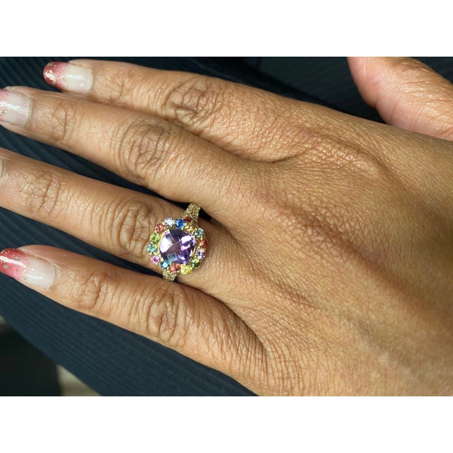 Purple 2.38 Carat Amethyst Sapphire Diamond Yellow Gold Cocktail Ring For Sale - Image 8 of 8