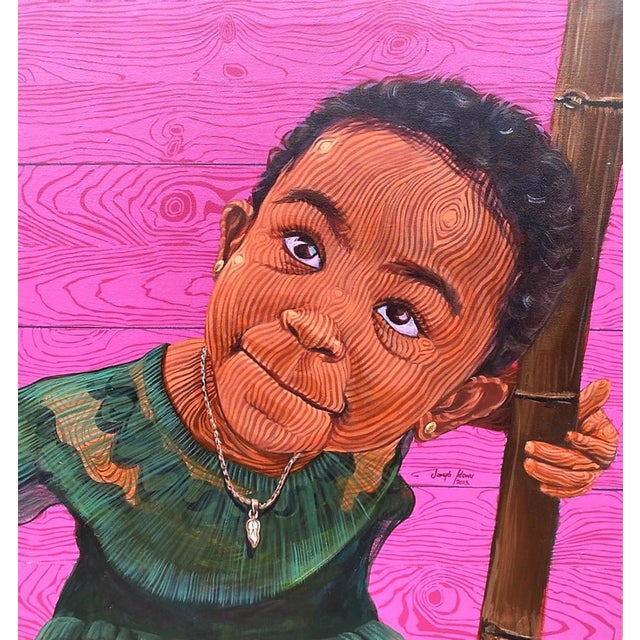 The Girl and the Bamboo 2 by Joseph Idowu | Acrylic on canvas of a girl with bamboo and a pink background For Sale
