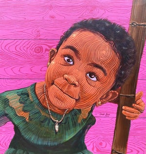 The Girl and the Bamboo 2 by Joseph Idowu | Acrylic on canvas of a girl with bamboo and a pink background