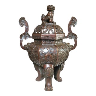 Vintage Bronze Incense Burner – 9.8" Gilt Censer With Lion Finial & Octagonal Lid For Sale