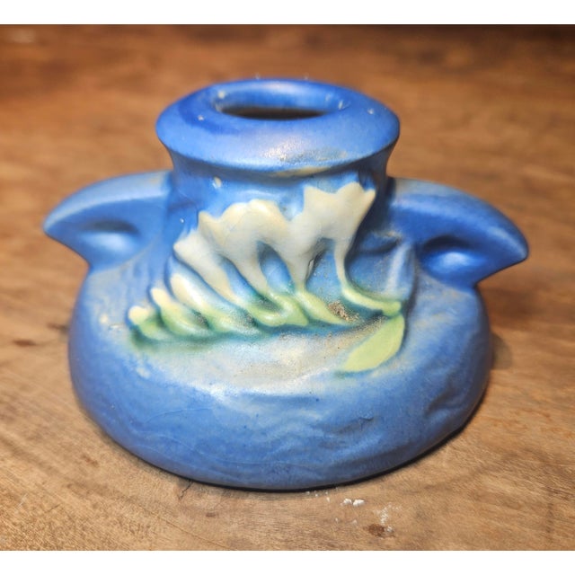 Art Deco Roseville Blue Freesia Single Candle Holder For Sale - Image 3 of 9