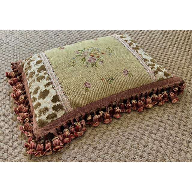 English French Aubusson Style Needlepoint Pillow With Pom Pom Fringe For Sale - Image 3 of 7