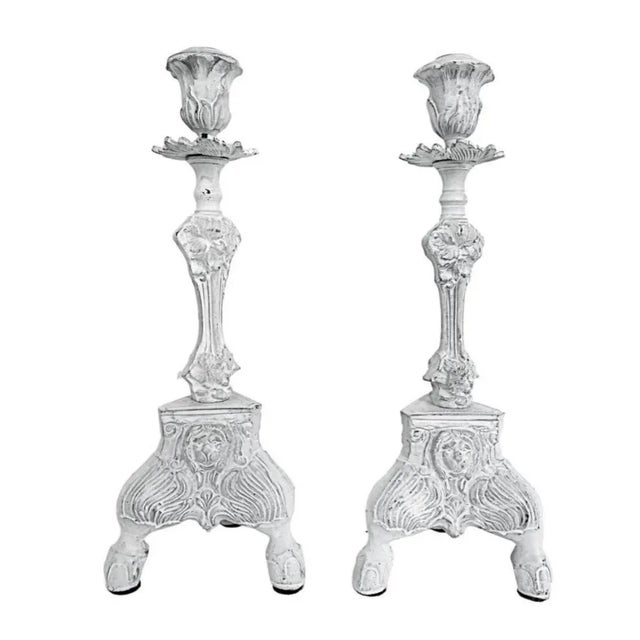 White 19th Century Iron Candlestick Holders with Claw Legs Lions Heads Design- a Pair For Sale - Image 8 of 8