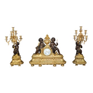 19th Century Figural French Bronze Mantel Clock Set Millard D Paris Japy Freres For Sale
