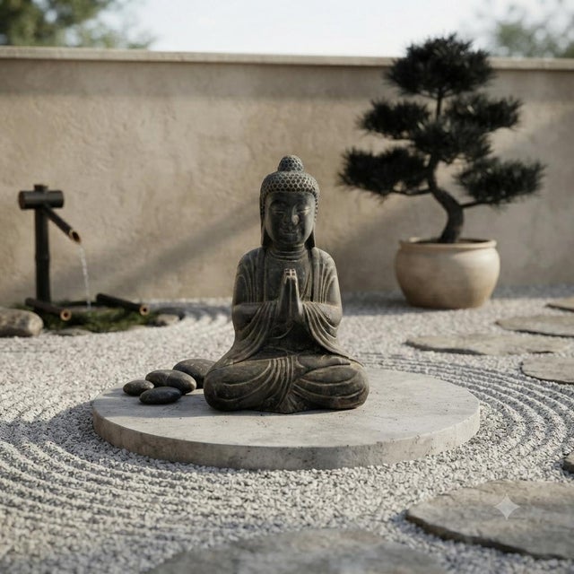 24" Distressed Black Brown Cross Legs Peaceful Hands Stone Buddha Statue For Sale - Image 4 of 13