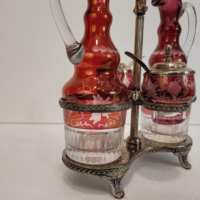 Bohemian Oil, Vinegar, Salt, and Pepper Set in Crystal and Silver-Plated Metal from Convoy, Czech Republic, 1940s For Sale - Image 6 of 18