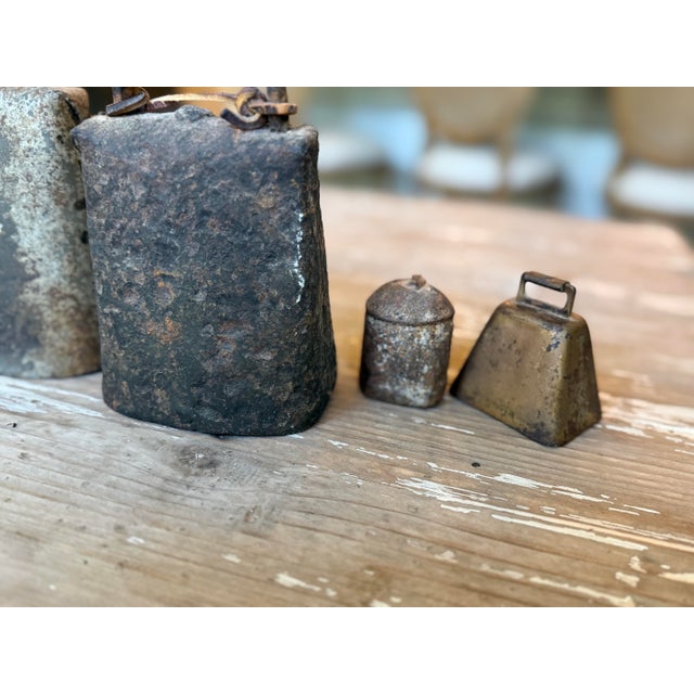 Farmhouse Collection of 15 Antique Hand-Forged Iron & Brass Cowbells With Beautiful Aged Patina For Sale - Image 3 of 10