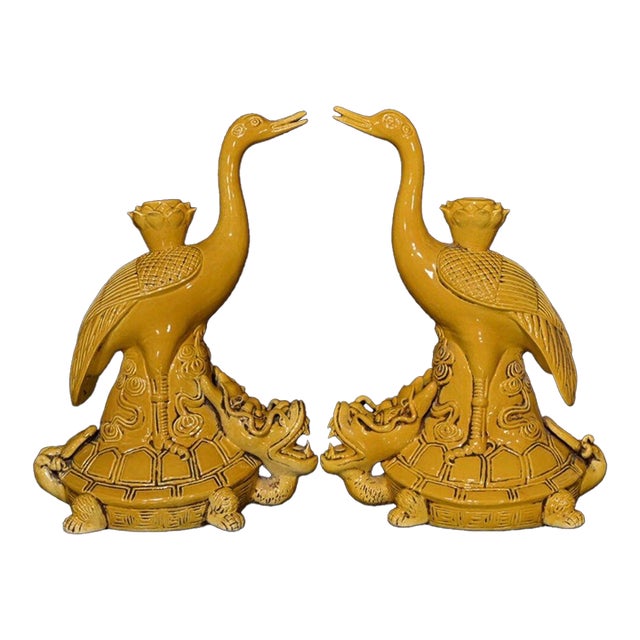 Pair of Large Chinese Yellow Glazed Porcelain Turtle & Crane Candlesticks For Sale