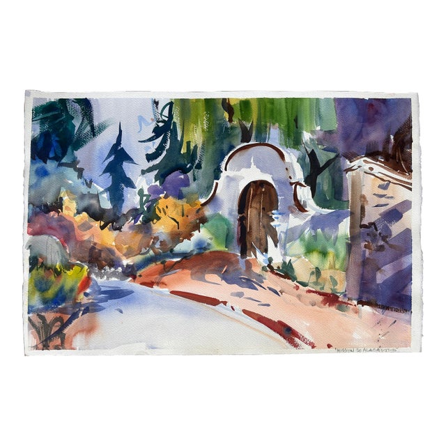 California Mission Painting Watercolor San Diego Original Vintage Art For Sale