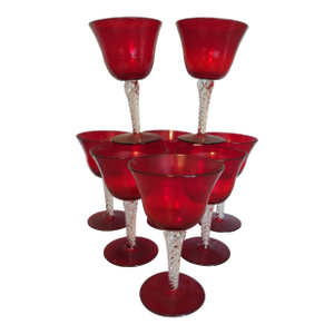 1940s Blenko Ruby Red Air Twist Goblets- Set of 8