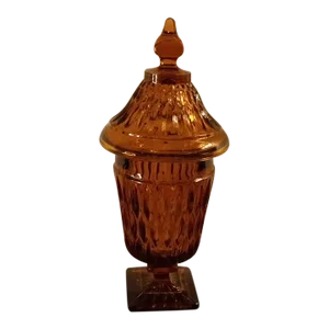 1970s Indiana Glass Mt Vernon Amber Pedestal Lidded Candy Compote