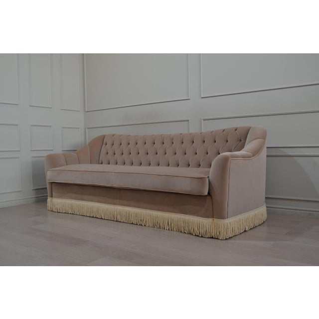 Contemporary Dorothy Draperinspired Tufted Velvet Sofa with Cream Fringe from Kabinet For Sale - Image 3 of 6