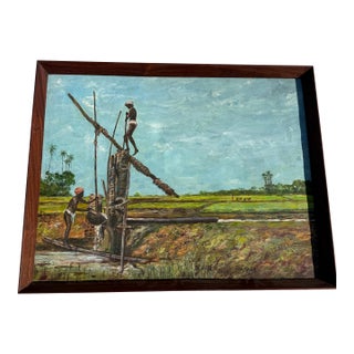 Signed 1975 Oil on Canvas by Pnakash – African Agricultural Labor Scene For Sale