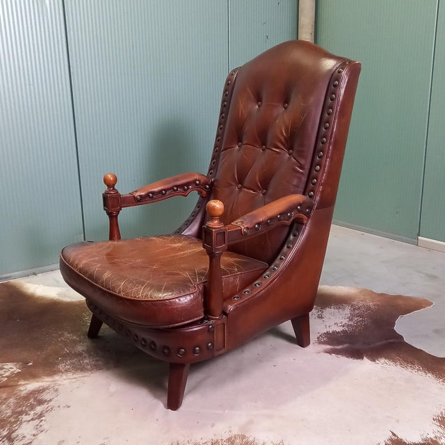 Wood Cowhide Leather Library Armchair, 1960s For Sale - Image 7 of 17