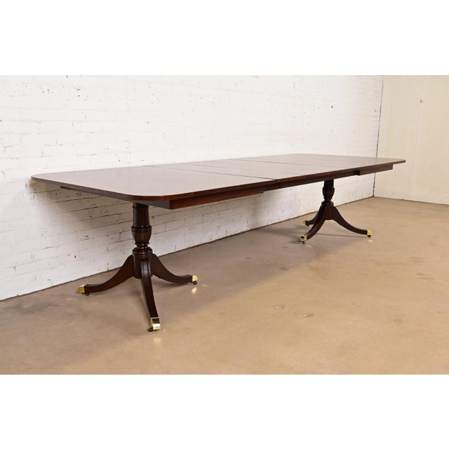 Kindel Furniture Kindel Furniture Georgian Banded Mahogany Double Pedestal Extension Dining Table, Newly Refinished For Sale - Image 4 of 14