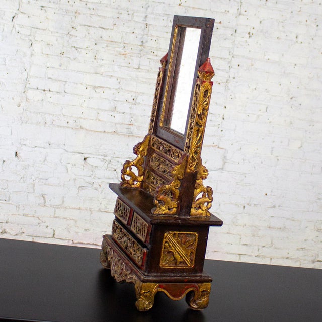 Late 19th to 20th Century Indonesian Maduran Tabletop Jewelry Case or Vanity Mirror W/Chest For Sale - Image 9 of 18
