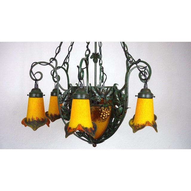 Art Deco Wrought Iron Pate de Verre Glass Chandelier, France, 1990s For Sale - Image 18 of 18