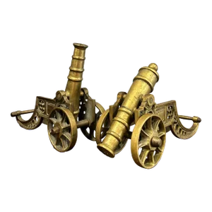 Antique English Tabletop Ornamental Brass Cannons on Carriages - a Pair