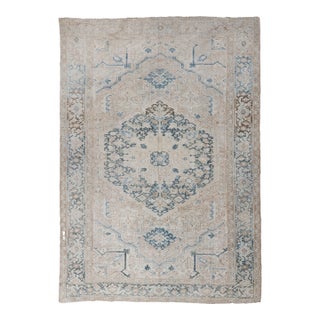 Vintage Circa 1930 Beige Distressed Heriz Hand Woven Wool Rug, 9ft 4in X 13ft 8in For Sale