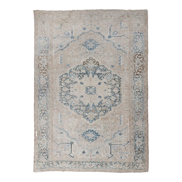 Vintage Circa 1930 Beige Distressed Heriz Hand Woven Wool Rug, 9ft 4in X 13ft 8in For Sale