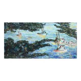 Boats at Sea, Mid Century Carmel California Coast Horizontal Seascape by Virginia Shackles For Sale