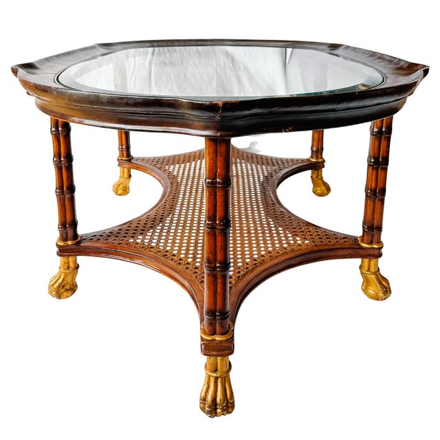 Wood Vintage Large English Regency Style Faux-Bamboo Coffee Table With Caned Tier & Gilt Lion Paw Feet For Sale - Image 7 of 13