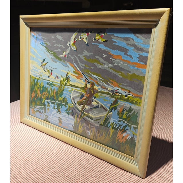 Mid-Century Modern Vintage "Paint by Numbers" Hunting Scene - Framed For Sale - Image 3 of 12