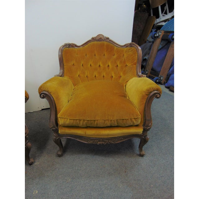 Louis XV Style Carved Walnut Tufted Bergeres - a Pair For Sale - Image 4 of 10