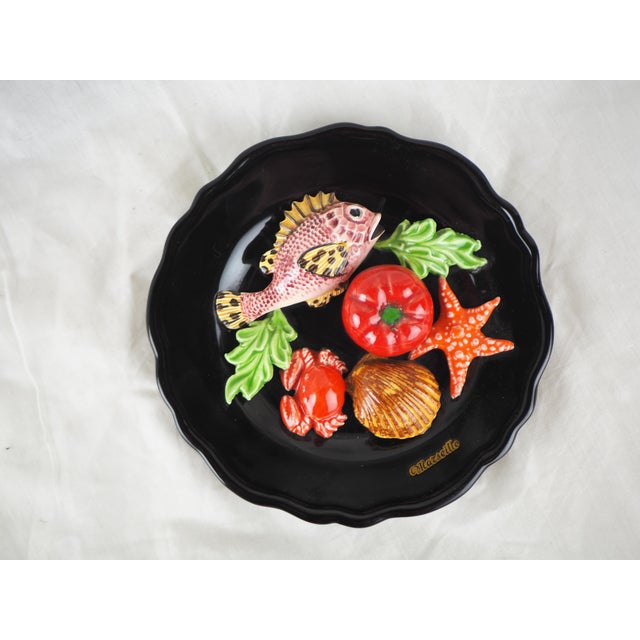 Black 1950s French Vallauris Majolica Trompe l'Oeil Fish Decorative Wall Plate For Sale - Image 8 of 10