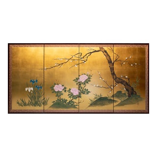 "Plum Blossom, Peonies and Irises" by Kokei, Showa Era Japanese Byobu Screen For Sale