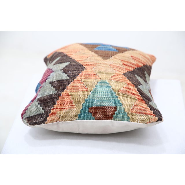 Tribal Arteverk Handwoven Afghan Kilim Lumbar Pillow — Brown & Blue Zigzag Diamonds For Sale - Image 3 of 3