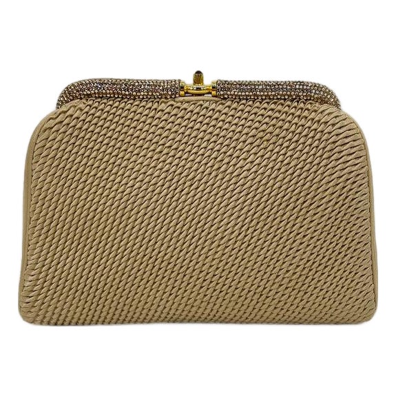 Vintage Judith Leiber Beige Pleated Silk Swarovski Crystal Top Clutch c1980s For Sale