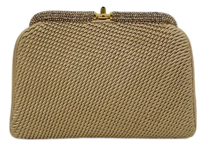 Vintage Judith Leiber Beige Pleated Silk Swarovski Crystal Top Clutch c1980s