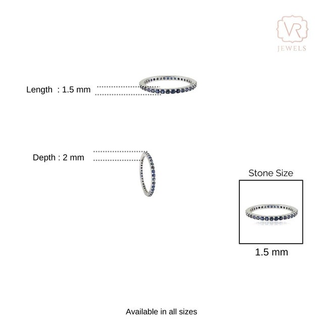 Ink Blue 14k White Gold Round Blue Sapphire Eternity Band Ring Size 5.5 Dainty Fine Jewelry For Sale - Image 8 of 12