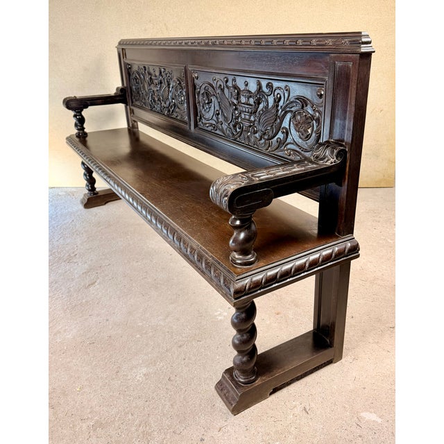 Brown 20th Century Spanish Carved Wood Bench with Barley Twist Legs, 1920 For Sale - Image 8 of 17