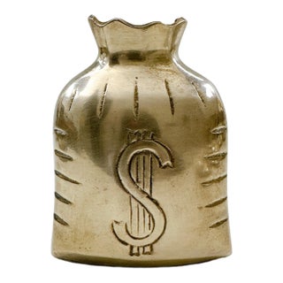 Vintage Solid Brass Money Bag Paperweight, Dollar Sign Desk Decor, Mid Century Office Accessory, Bank Coin Banker’s Gift, Heavy Brass For Sale