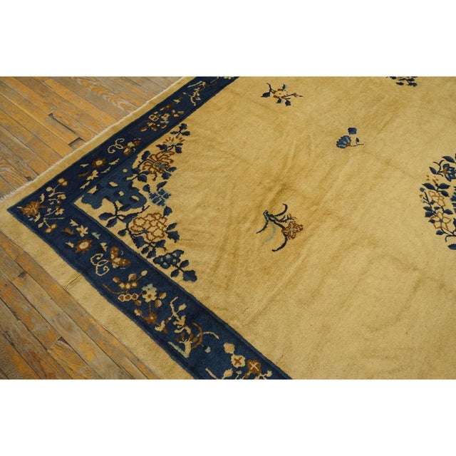 1920s Beige Medallion Floral Antique Chinese Peking Carpet 8'' X 9'5'' Wool Rug For Sale In New York - Image 6 of 11