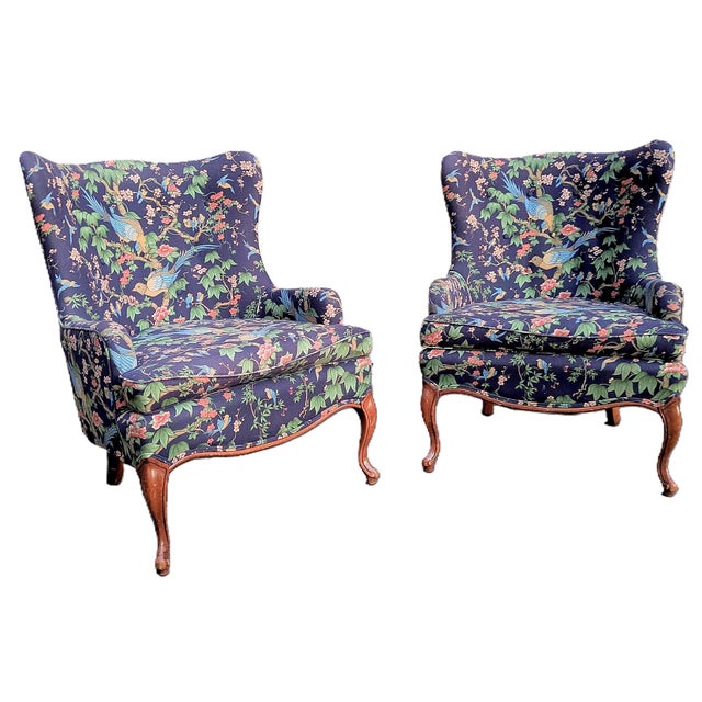 Sanderson Pair of Vintage Queen Anne Wingback Chairs in Sanderson Chinoiserie Hall Upholstery For Sale - Image 4 of 10